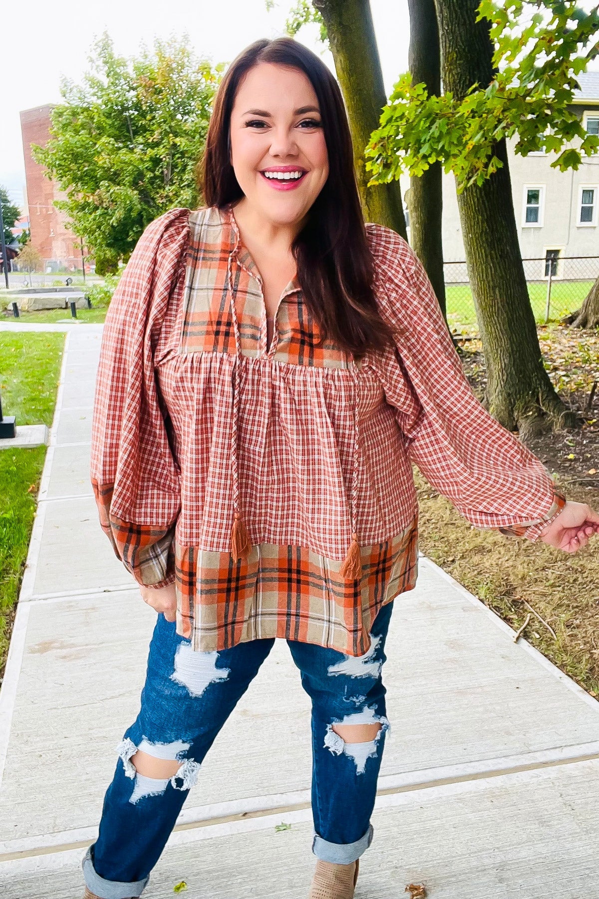 Haptics Under Your Spell Rust Plaid Color Block Notch Neck Top