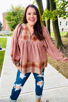 Haptics Under Your Spell Rust Plaid Color Block Notch Neck Top