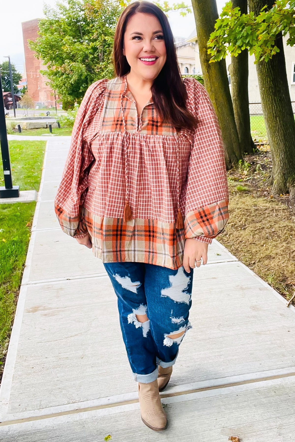 Haptics Under Your Spell Rust Plaid Color Block Notch Neck Top