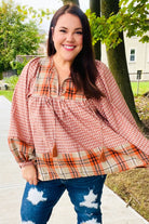 Haptics Under Your Spell Rust Plaid Color Block Notch Neck Top