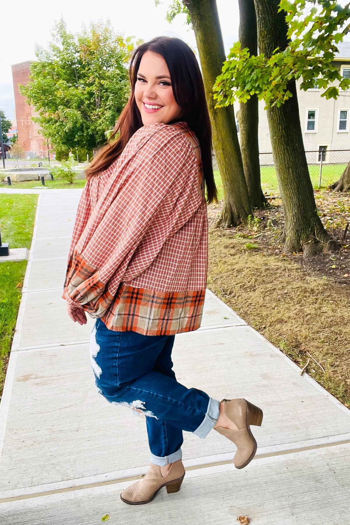 Haptics Under Your Spell Rust Plaid Color Block Notch Neck Top