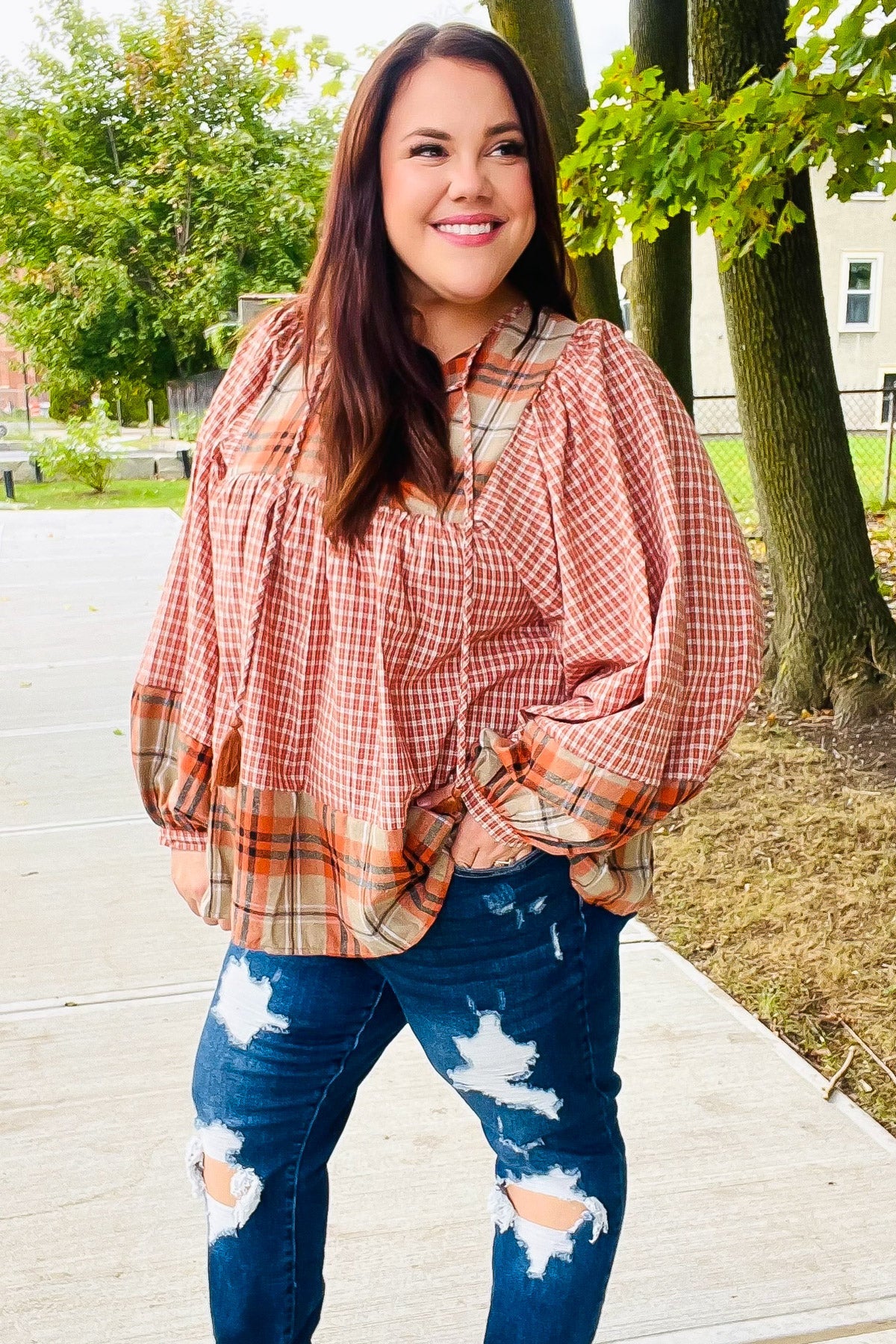 Haptics Under Your Spell Rust Plaid Color Block Notch Neck Top