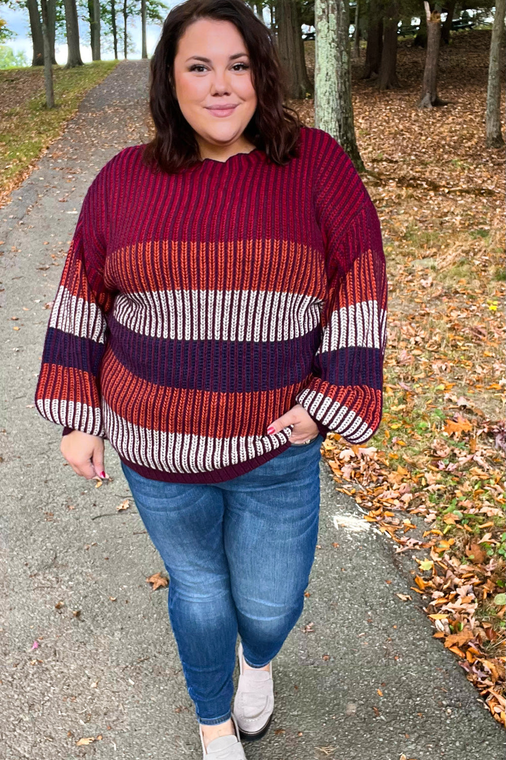 Haptics Take All Of Me Burgundy & Navy Stripe Oversized Sweater Haptics