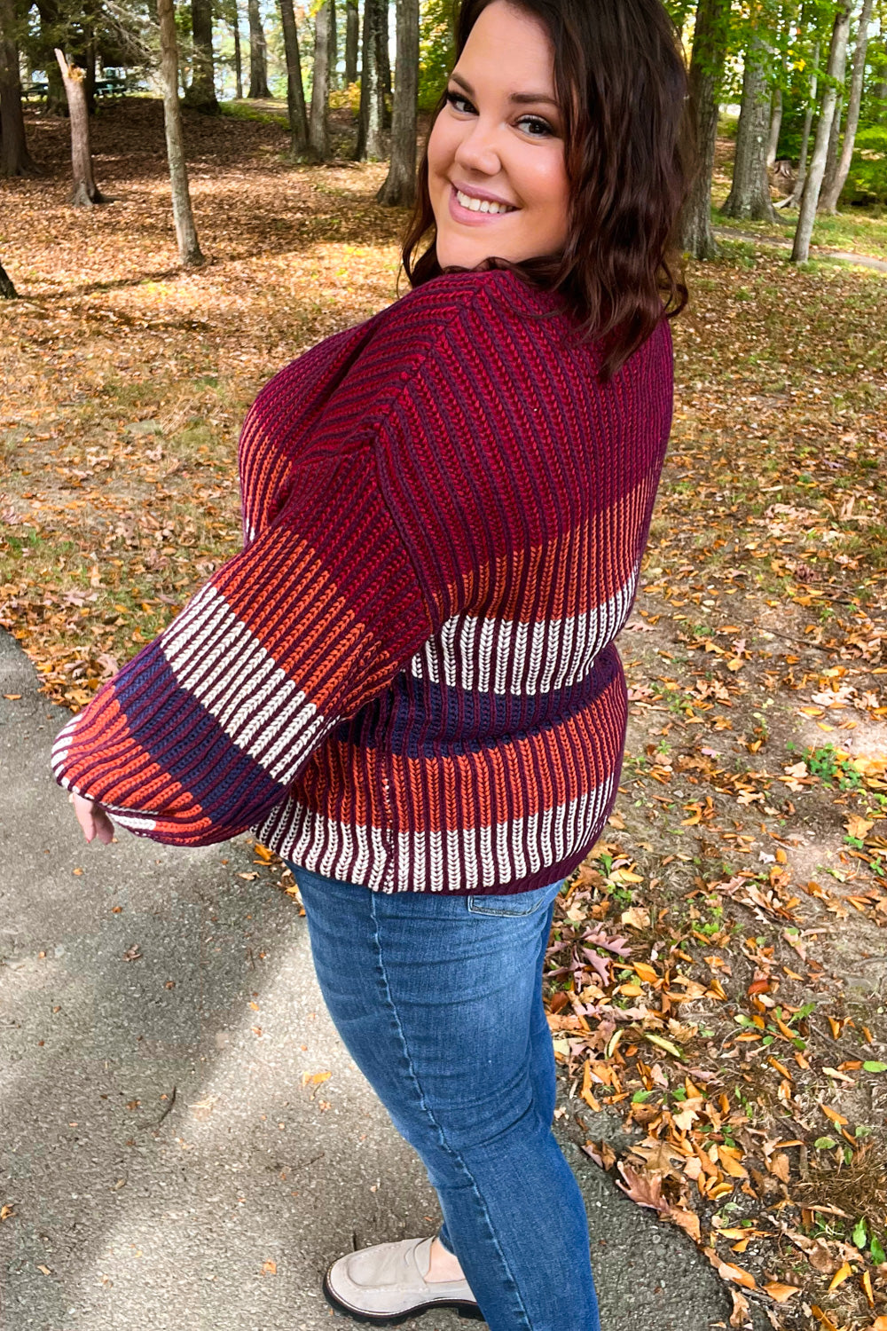 Haptics Take All Of Me Burgundy & Navy Stripe Oversized Sweater Haptics