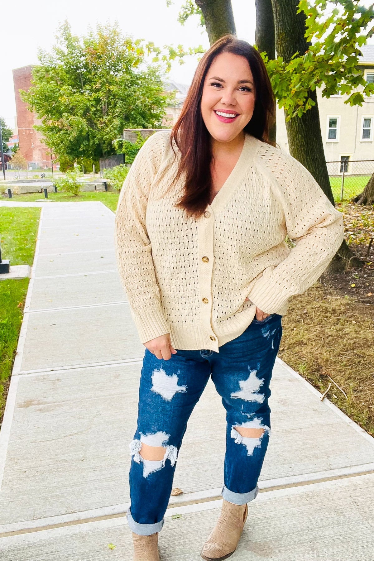 Haptics Follow Me Oatmeal Pointelle Knit Button Down Cardigan Final Sale 2024 Blow-Out Sale