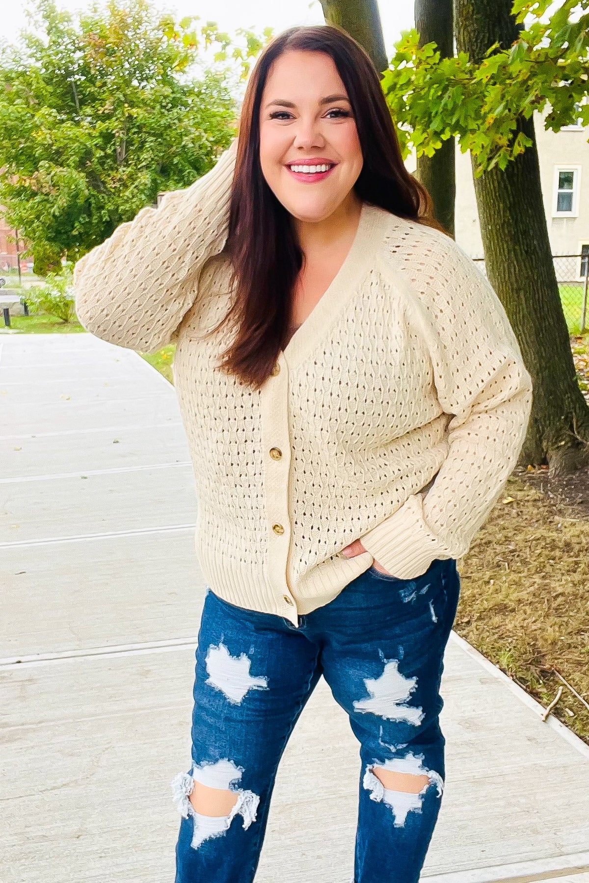 Haptics Follow Me Oatmeal Pointelle Knit Button Down Cardigan Final Sale 2024 Blow-Out Sale