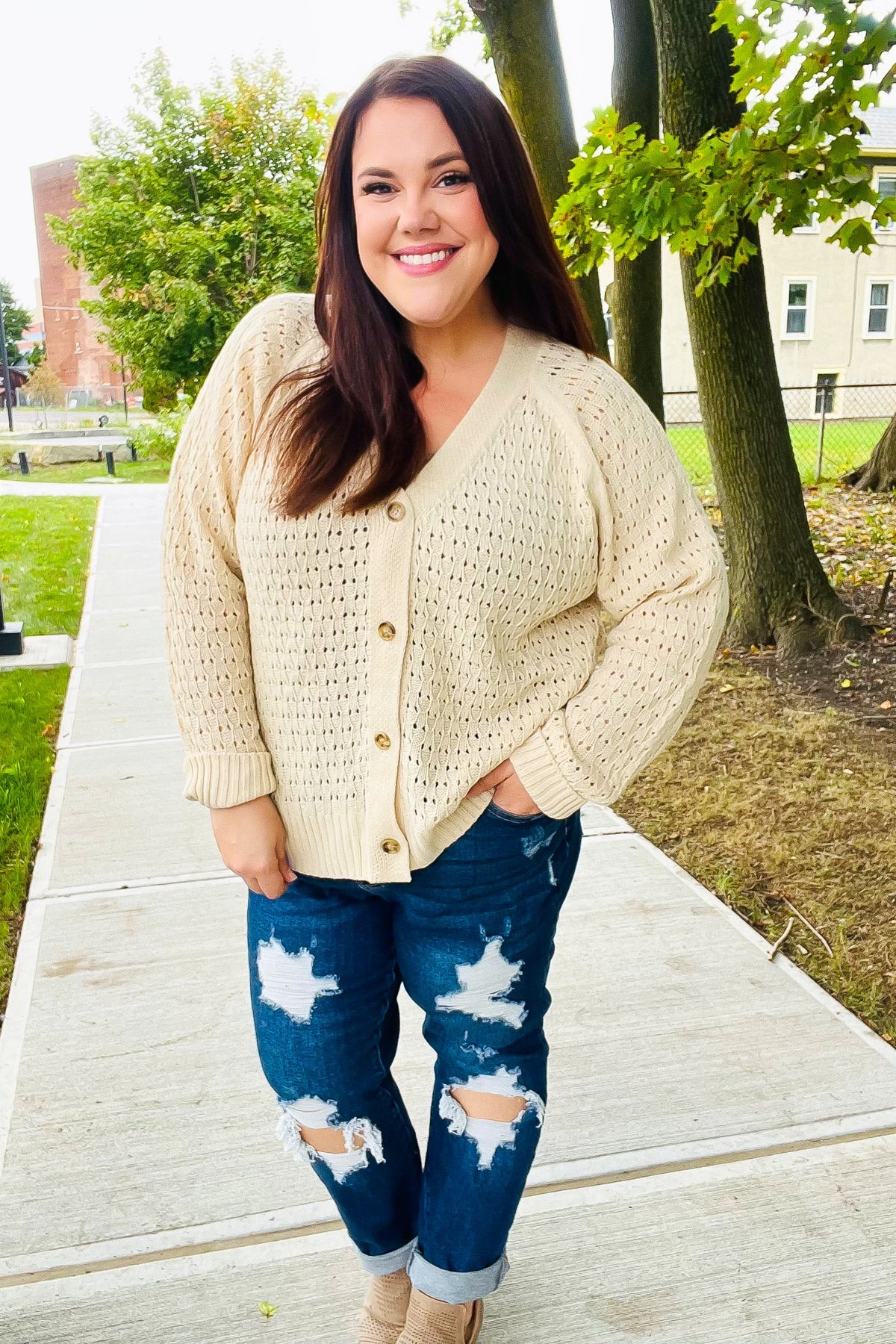 Haptics Follow Me Oatmeal Pointelle Knit Button Down Cardigan Final Sale 2024 Blow-Out Sale