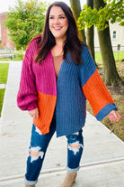 Haptics Dazzle In Magenta & Navy Chunky Knit Color Block Cardigan Haptics