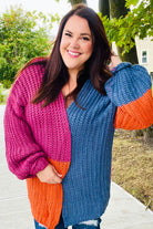 Haptics Dazzle In Magenta & Navy Chunky Knit Color Block Cardigan Haptics