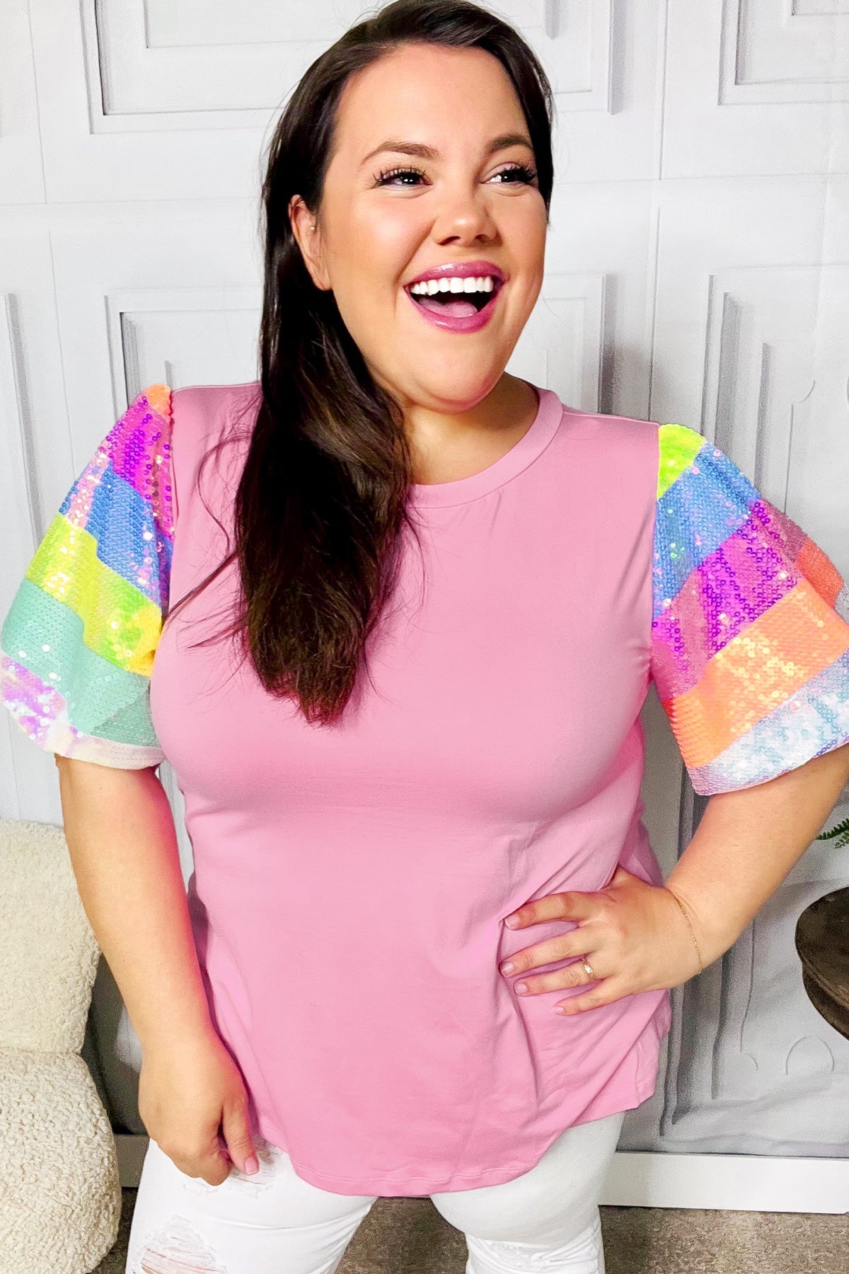 Haptics Stand Out Pink Rainbow Sequin Puff Sleeve Top