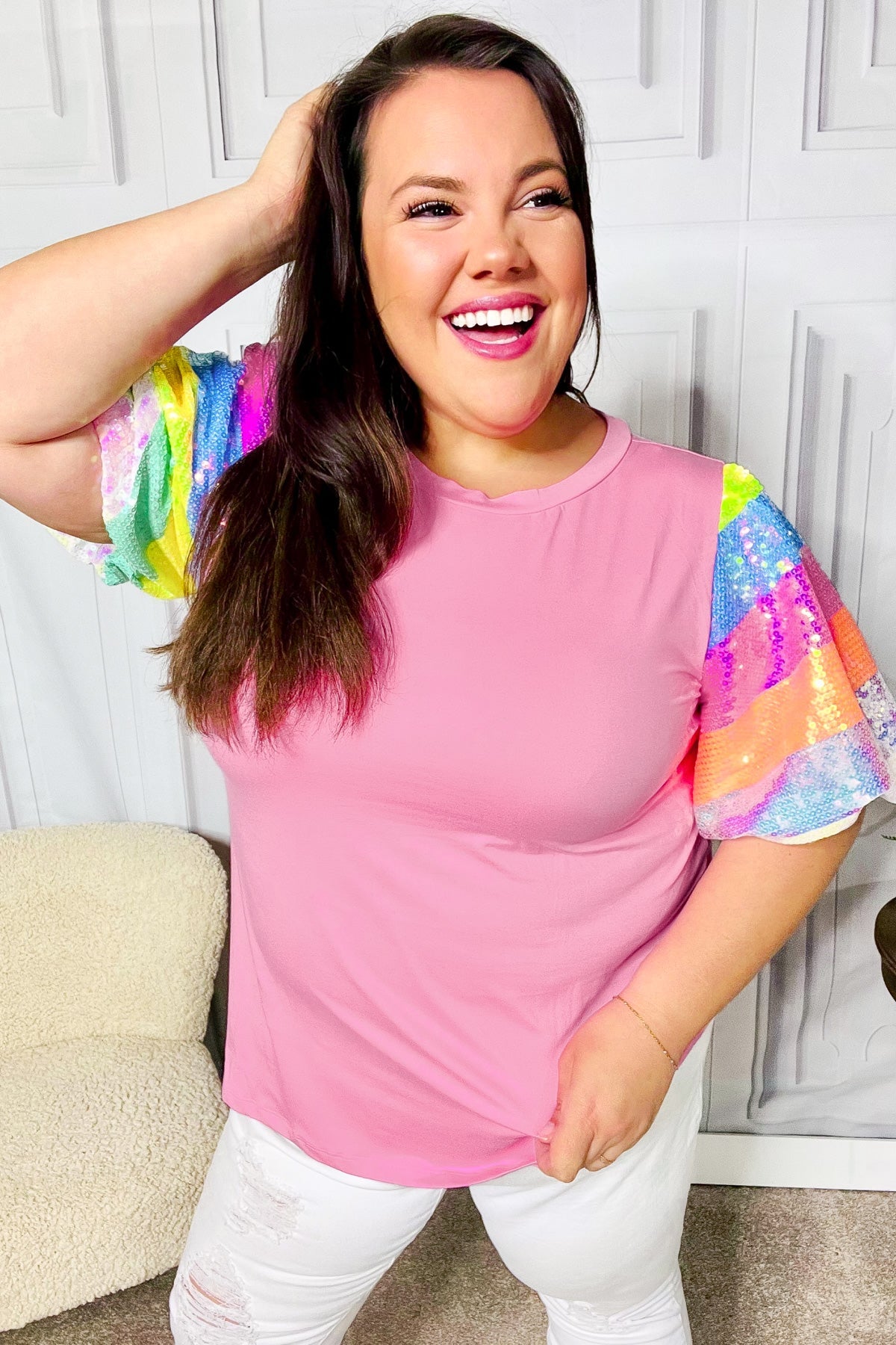 Haptics Stand Out Pink Rainbow Sequin Puff Sleeve Top