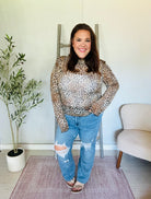 Haptics Taupe High Neck Leopard Print Semi-Sheer Top