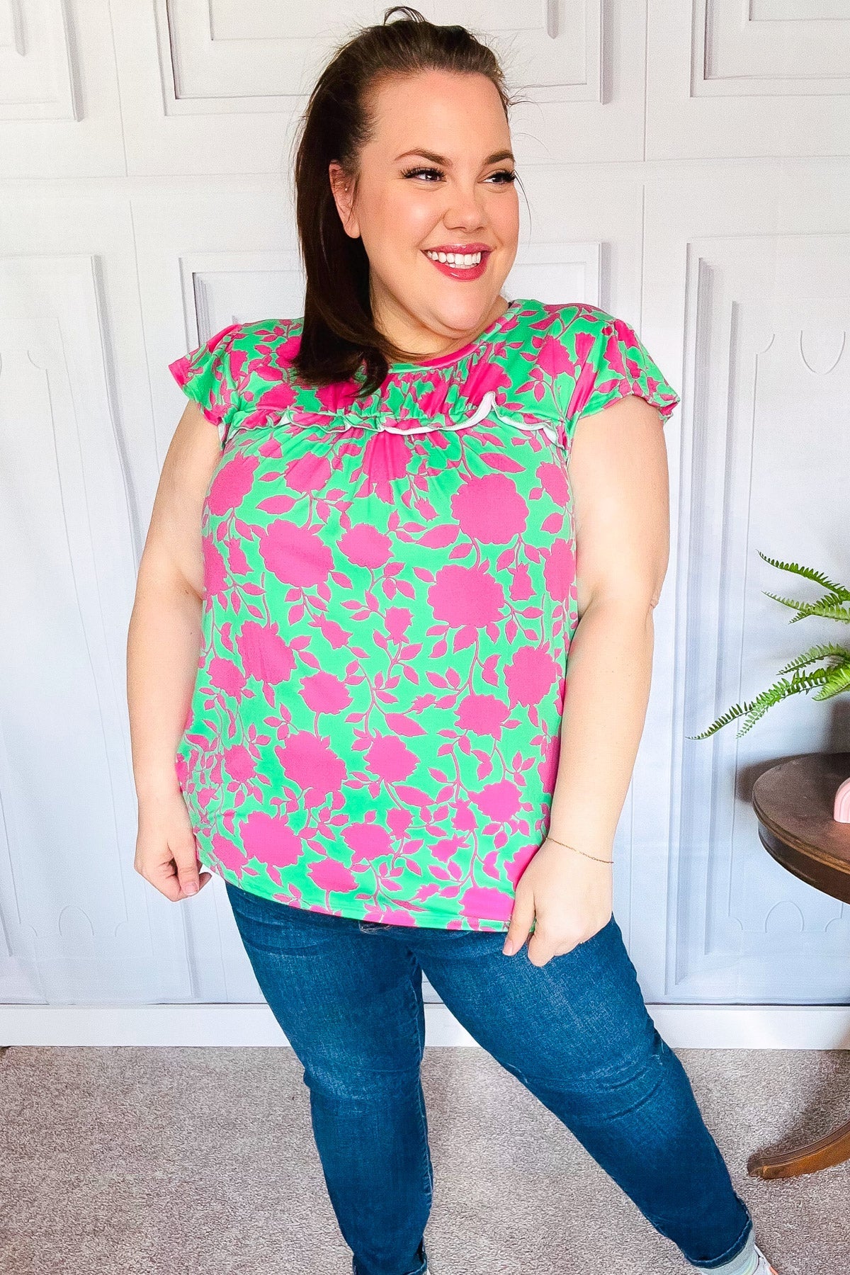 Haptics Sassy Green & Fuchsia Floral Ruffle Short Sleeve Yoke Top Final Sale Haptics