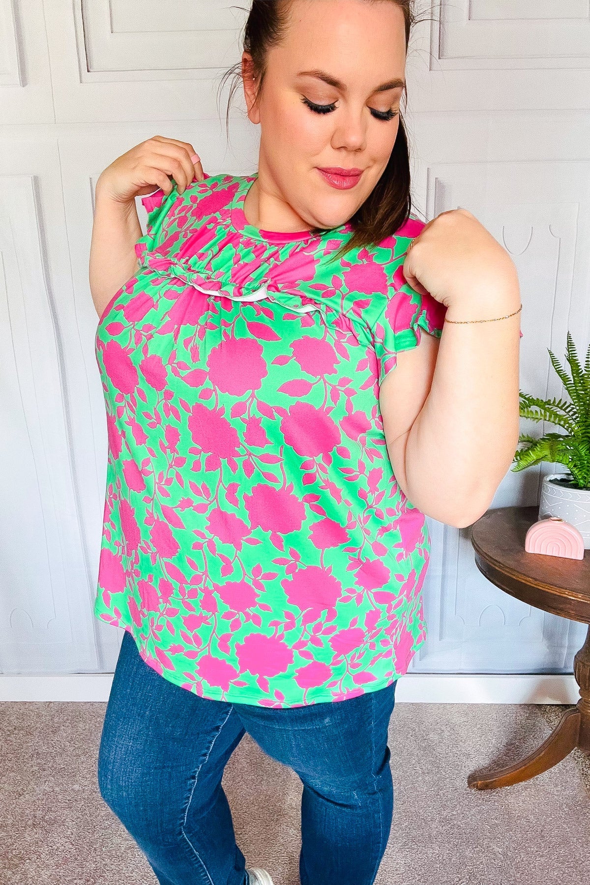 Haptics Sassy Green & Fuchsia Floral Ruffle Short Sleeve Yoke Top Final Sale Haptics