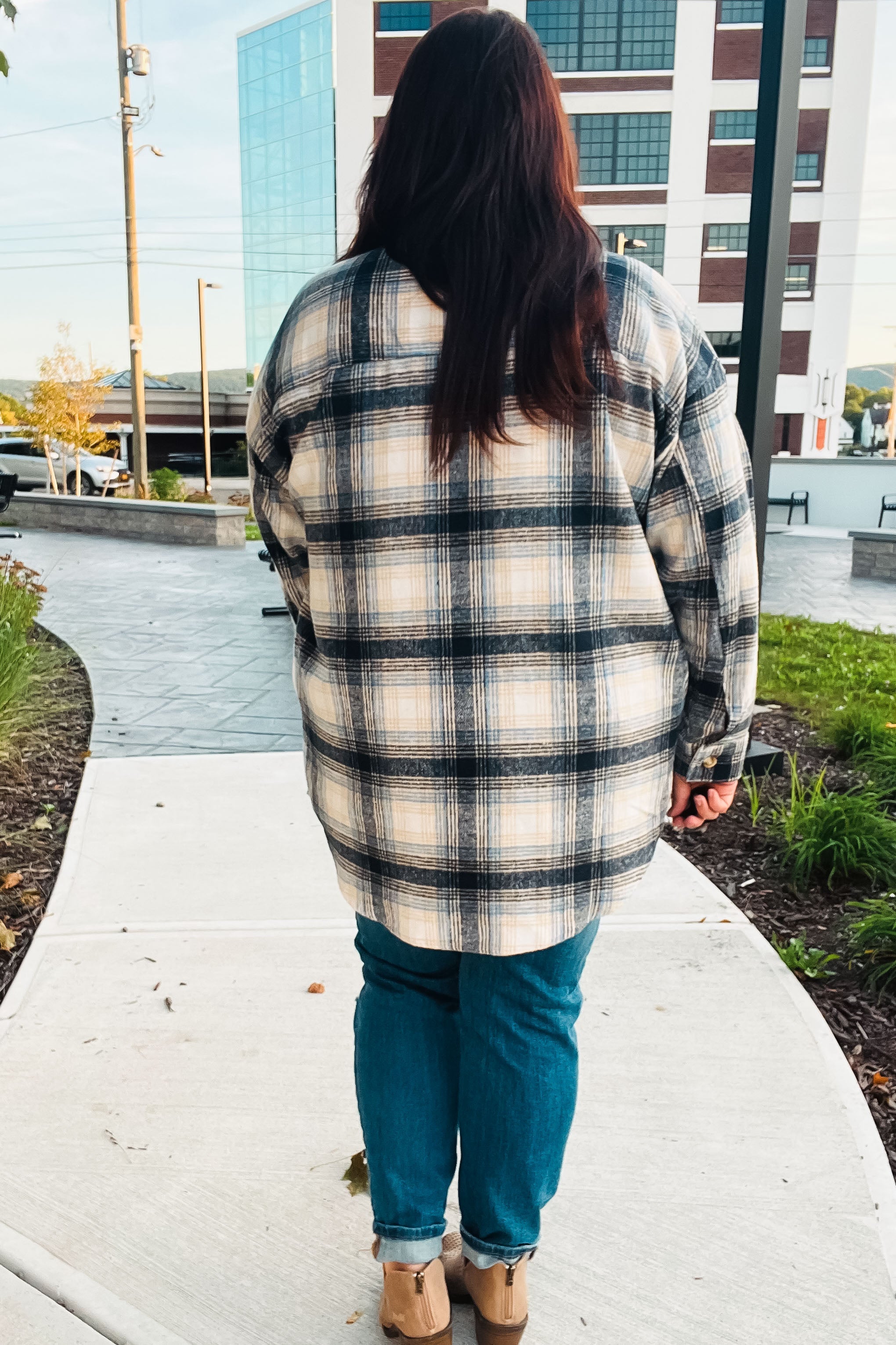 Haptics Boldly You Navy Plaid Fringe Button Down Shacket Haptics