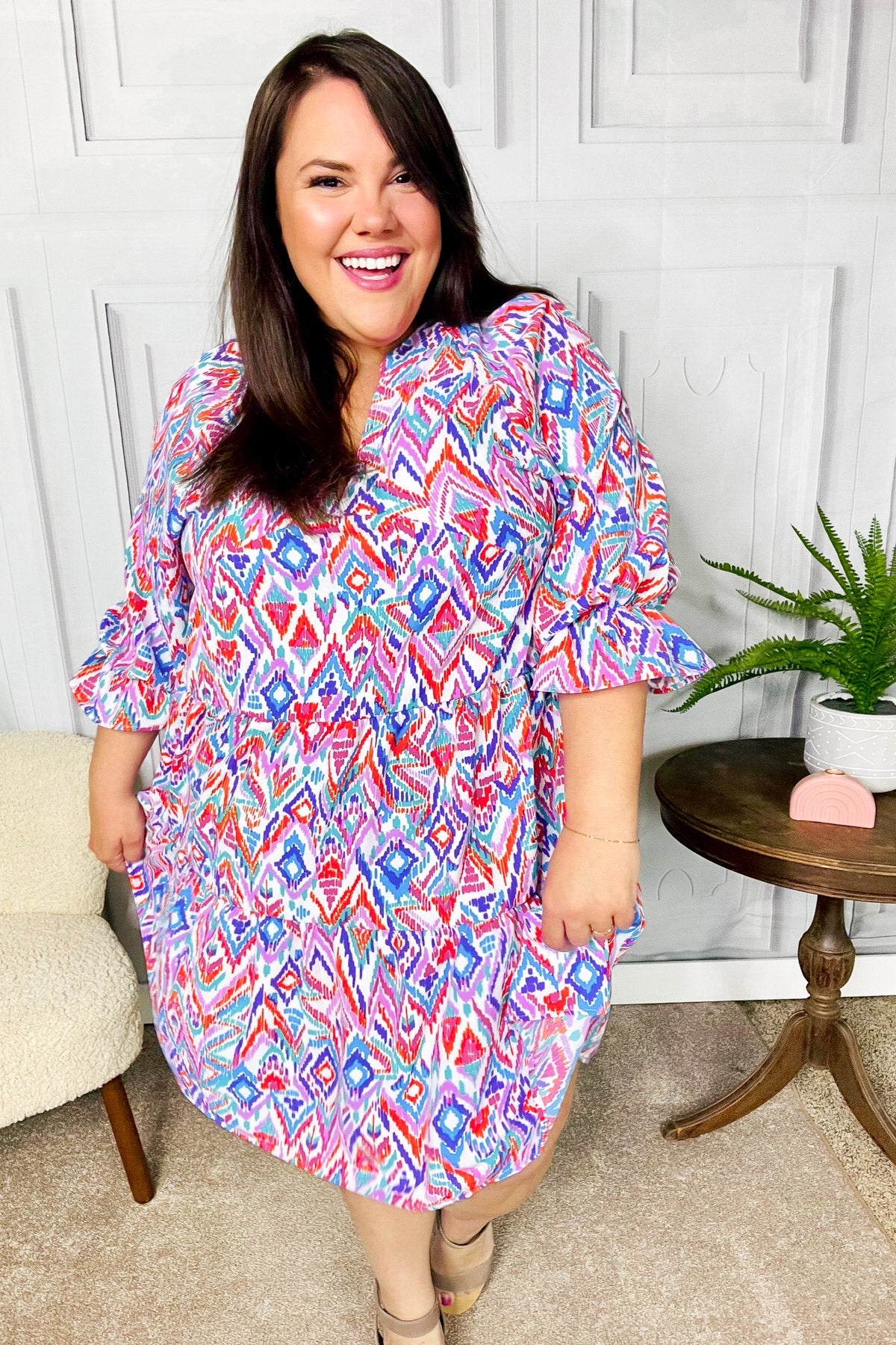 Haptics Love Found Blue & Lavender Ikat Print V Neck Dress Final Sale 2024 Summer Blow Out Sale