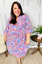 Haptics Love Found Blue & Lavender Ikat Print V Neck Dress Final Sale 2024 Summer Blow Out Sale