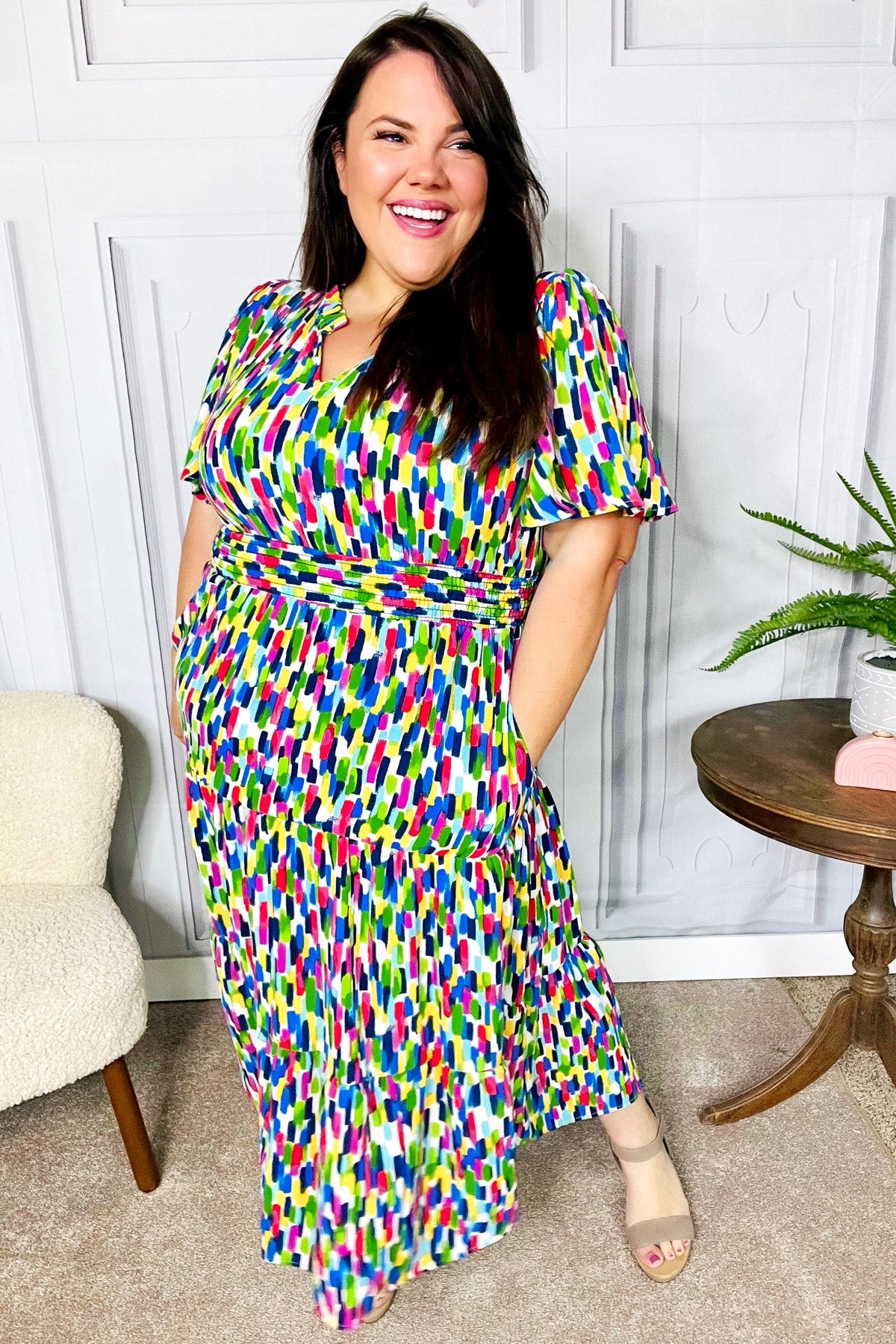 Haptics All For You Navy Multicolor Abstract Print Smocked Waist Maxi Dress Final Sale