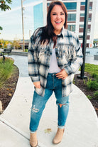 Haptics Boldly You Navy Plaid Fringe Button Down Shacket Haptics