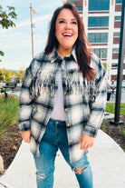 Haptics Boldly You Navy Plaid Fringe Button Down Shacket Haptics