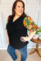 Haptics Eyes On You Black Floral Puff Sleeve V Neck Top S, Final Sale Haptics