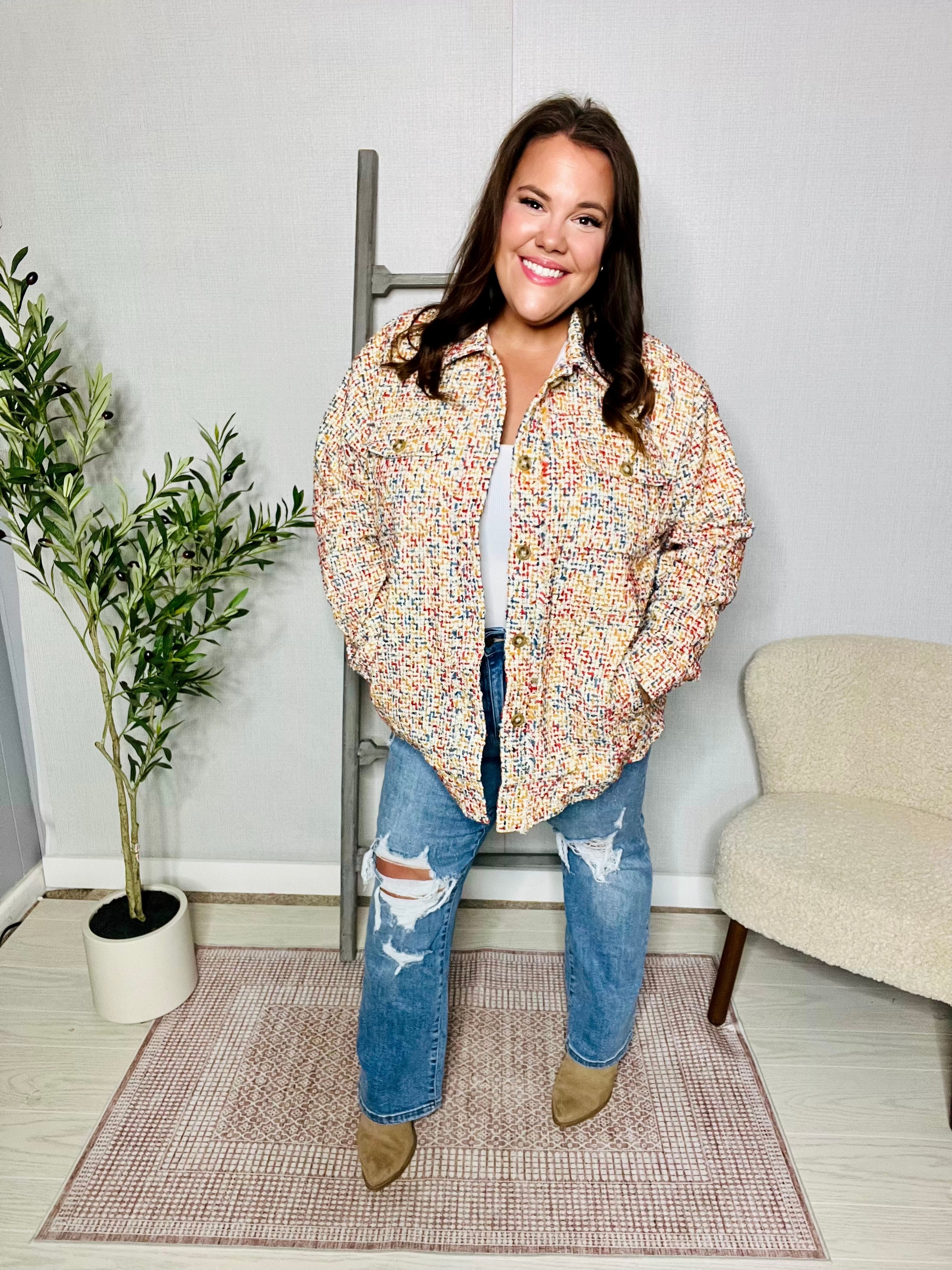 And The Why Multicolor Twill Long Sleeve Button-Down Shacket