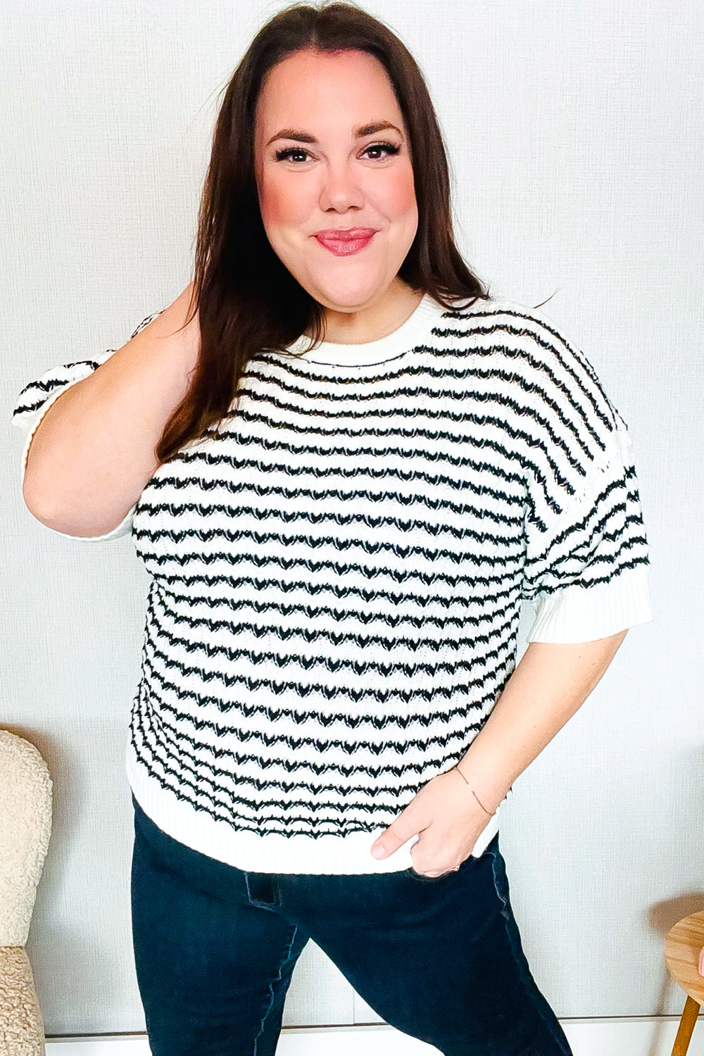 Haptics Ivory & Black Wavy Stripe Pattern Sweater Top Shirts & Tops