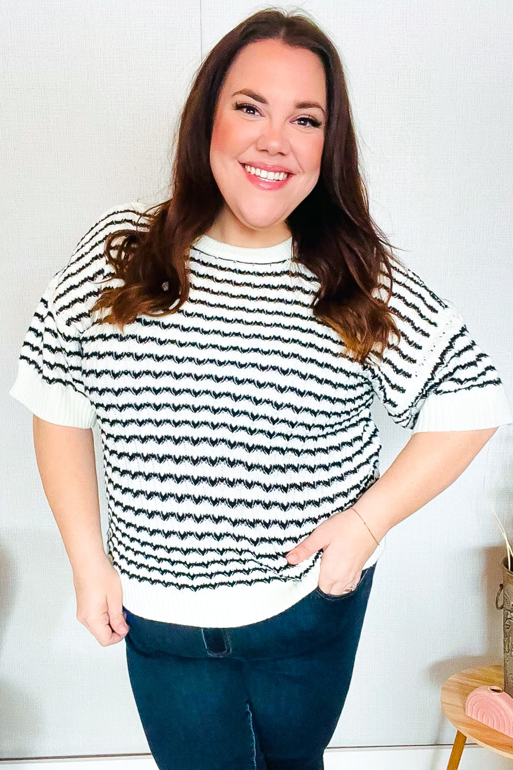 Haptics Ivory & Black Wavy Stripe Pattern Sweater Top Shirts & Tops