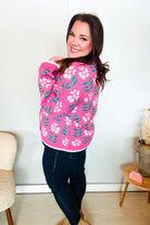 Haptics Fuchsia Flower Print Button Down Knit Cardigan Shirts & Tops