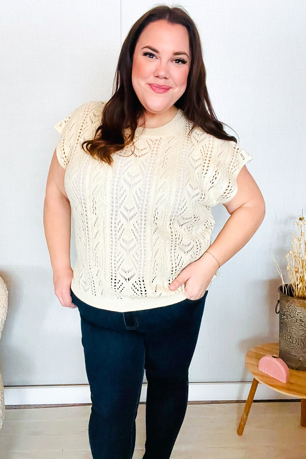 Haptics Beige Dolman Short Sleeve Crochet Sweater Top