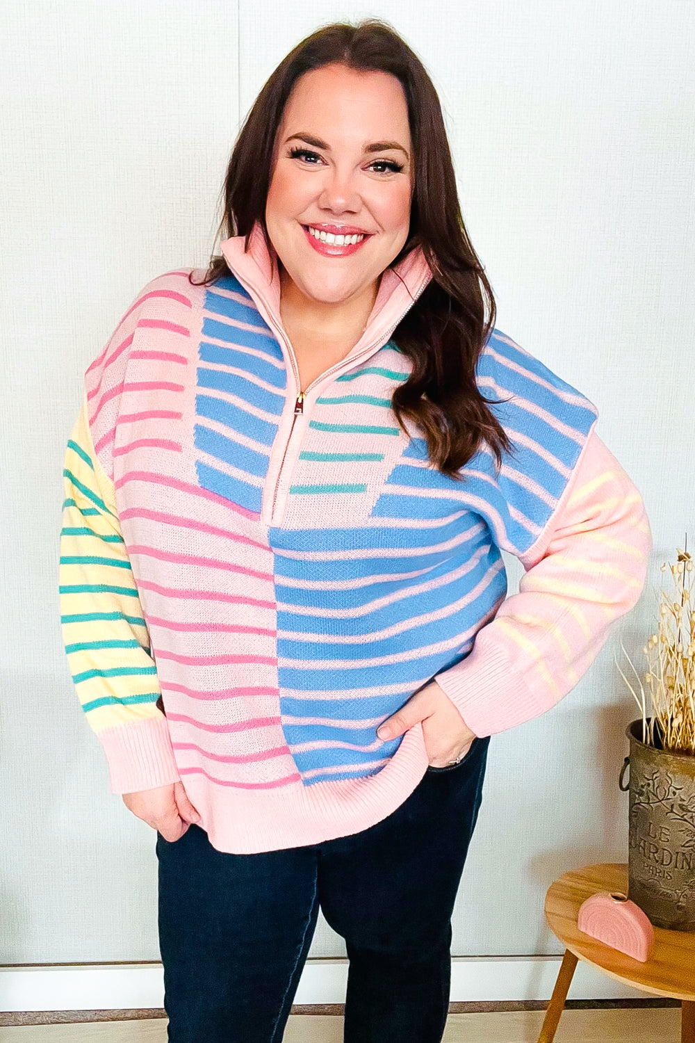 Haptics Blush & Blue Stripe Half Zip Up Oversized Sweater Shirts