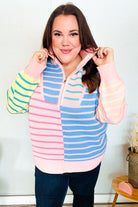 Haptics Blush & Blue Stripe Half Zip Up Oversized Sweater Shirts