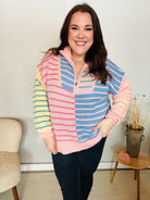 Haptics Blush & Blue Stripe Half Zip Up Oversized Sweater Shirts