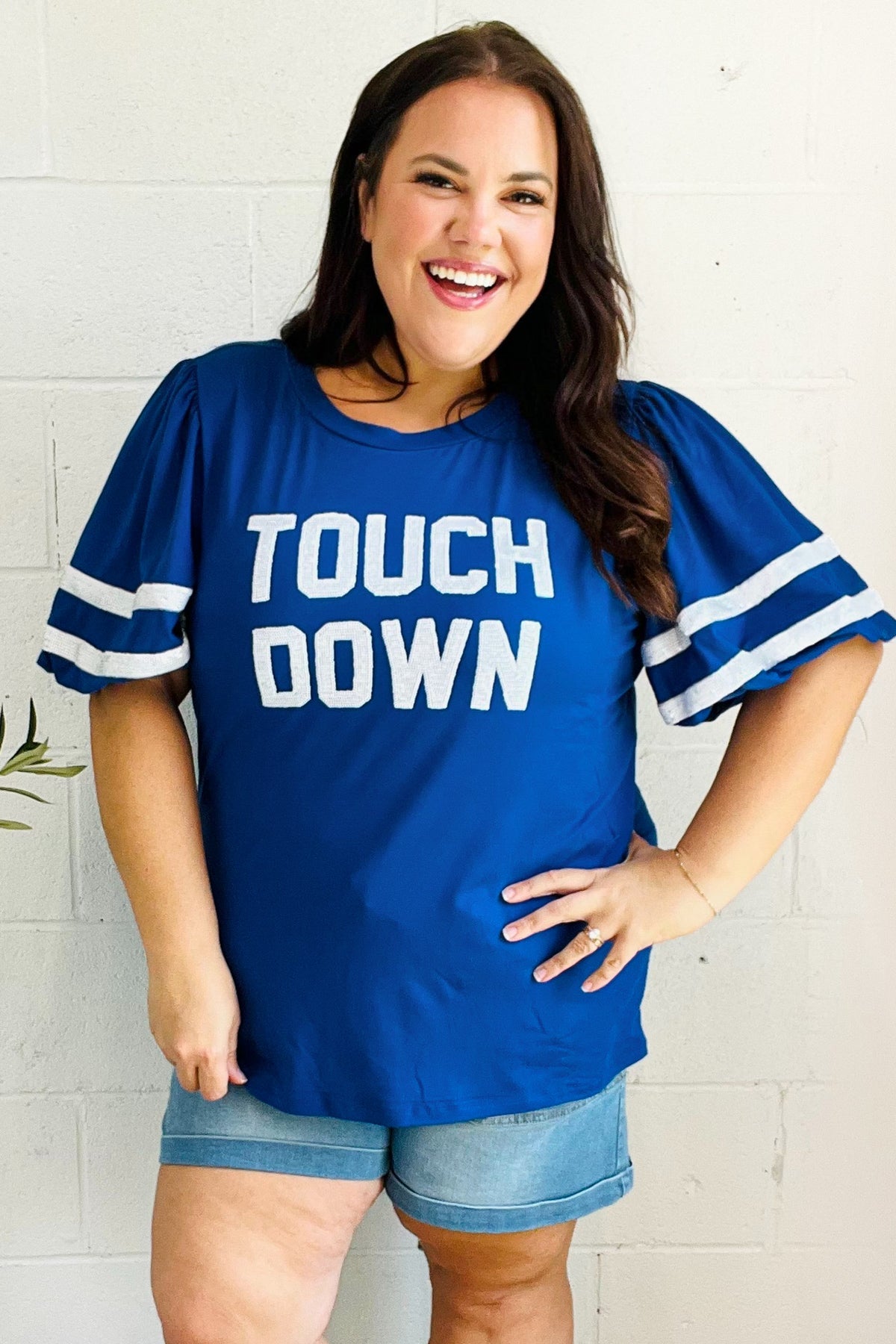 Haptics Stand Out Blue "TOUCHDOWN" Sequin Bubble Sleeve Game Day Top Haptics