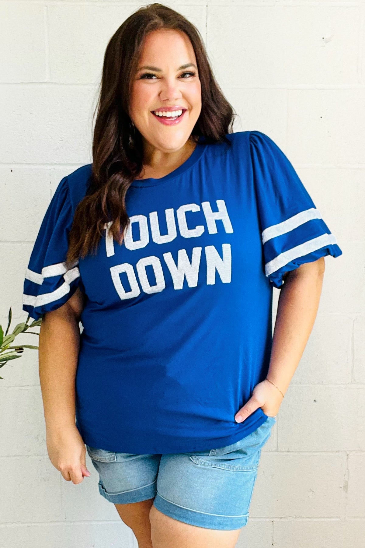 Haptics Stand Out Blue "TOUCHDOWN" Sequin Bubble Sleeve Game Day Top Haptics