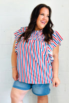 Haptics American Red White & Blue Stripe Shirred Yoke Neck Top Final Sale Haptics