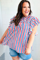 Haptics American Red White & Blue Stripe Shirred Yoke Neck Top Final Sale Haptics