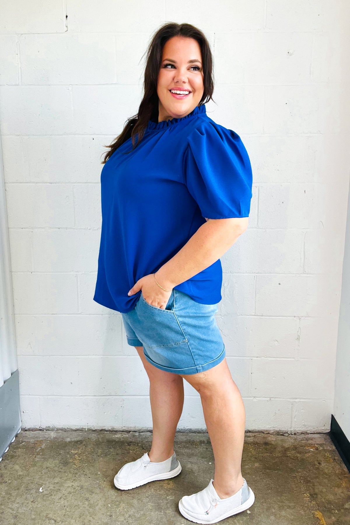 Haptics Lovely In Holiday Blue Frill Mock Neck Woven Top Final Sale