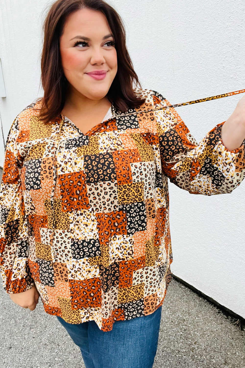 Haptics Rust & Taupe Multi Leopard Patchwork Tie String Top Haptics