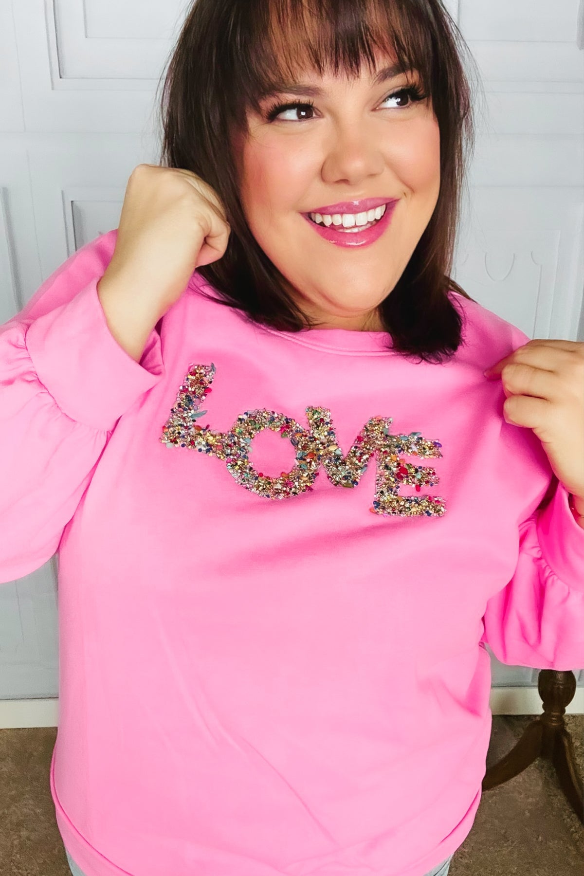 Haptics S, 2X, 3X Pink "LOVE" Jewel Beaded Patch Pullover Top Final Sale Haptics