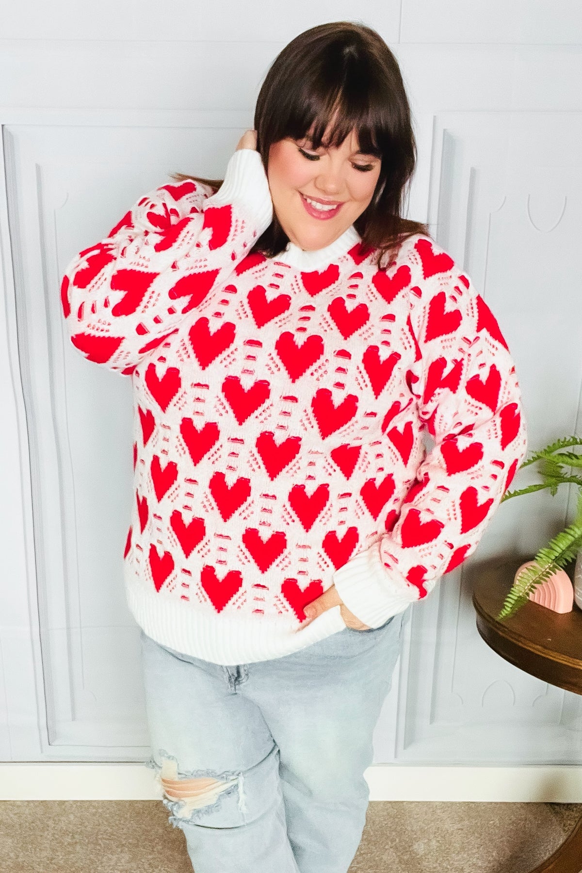 Haptics True Hearts Ivory & Red Heart Oversized Sweater Final Sale Haptics