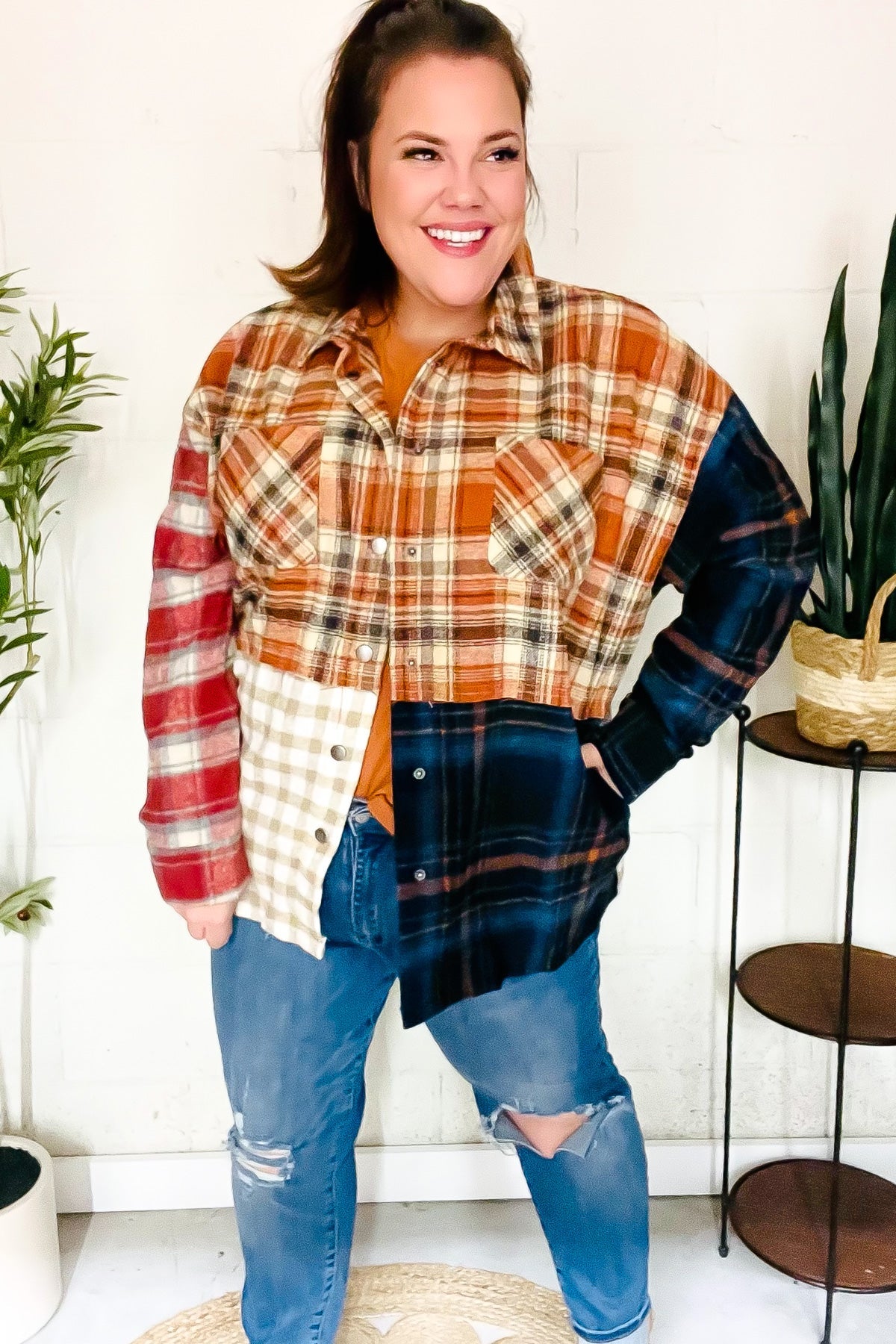 Haptics Catch Glances Muticolor Plaid Color Block Snap Button Shacket Haptics