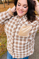 Haptics Taupe Plaid Velvet Pocket Button Down Top Haptics