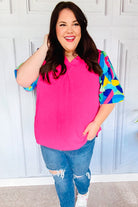 Haptics Tell Your Story Fuchsia Geo Print Puff Sleeve V Neck Top 07-01-25 Summer Sale