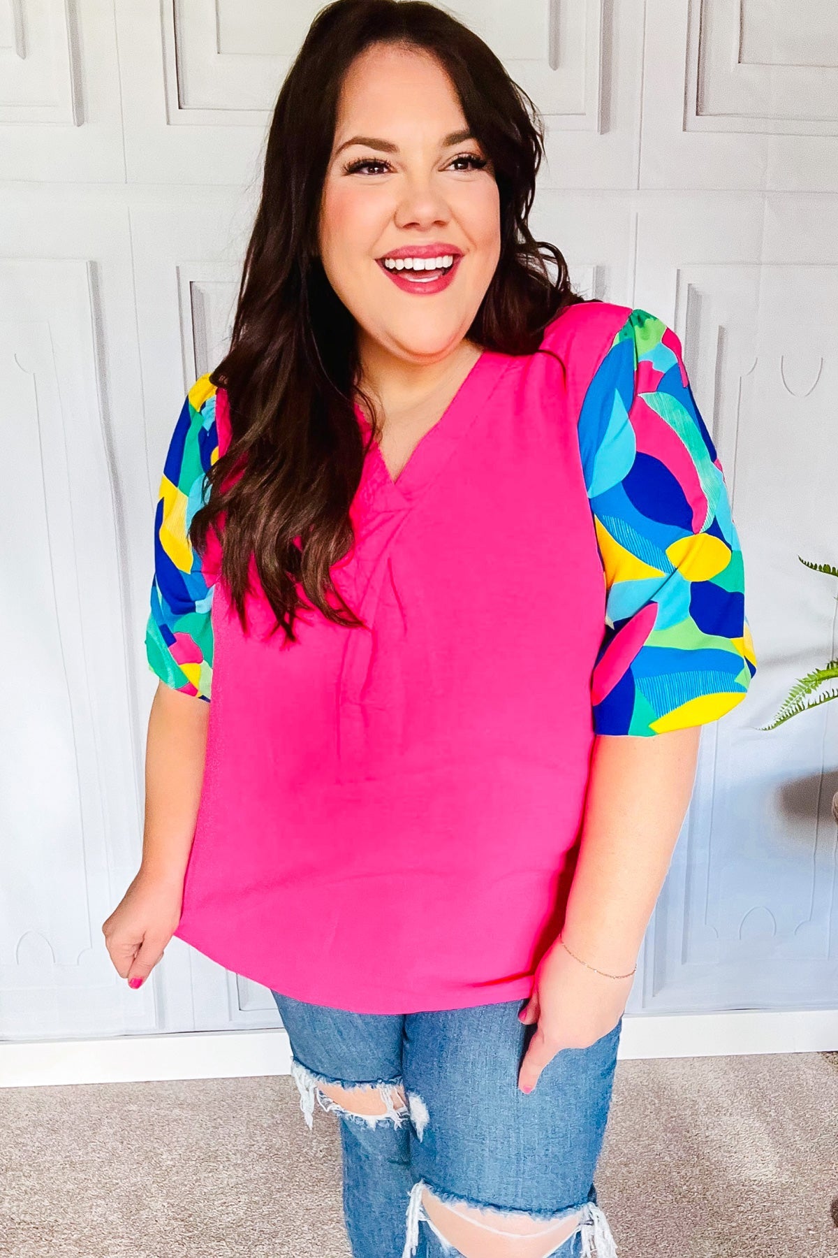 Haptics Tell Your Story Fuchsia Geo Print Puff Sleeve V Neck Top 07-01-25 Summer Sale