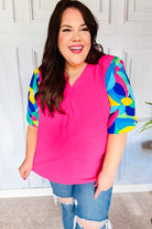 Haptics Tell Your Story Fuchsia Geo Print Puff Sleeve V Neck Top 07-01-25 Summer Sale