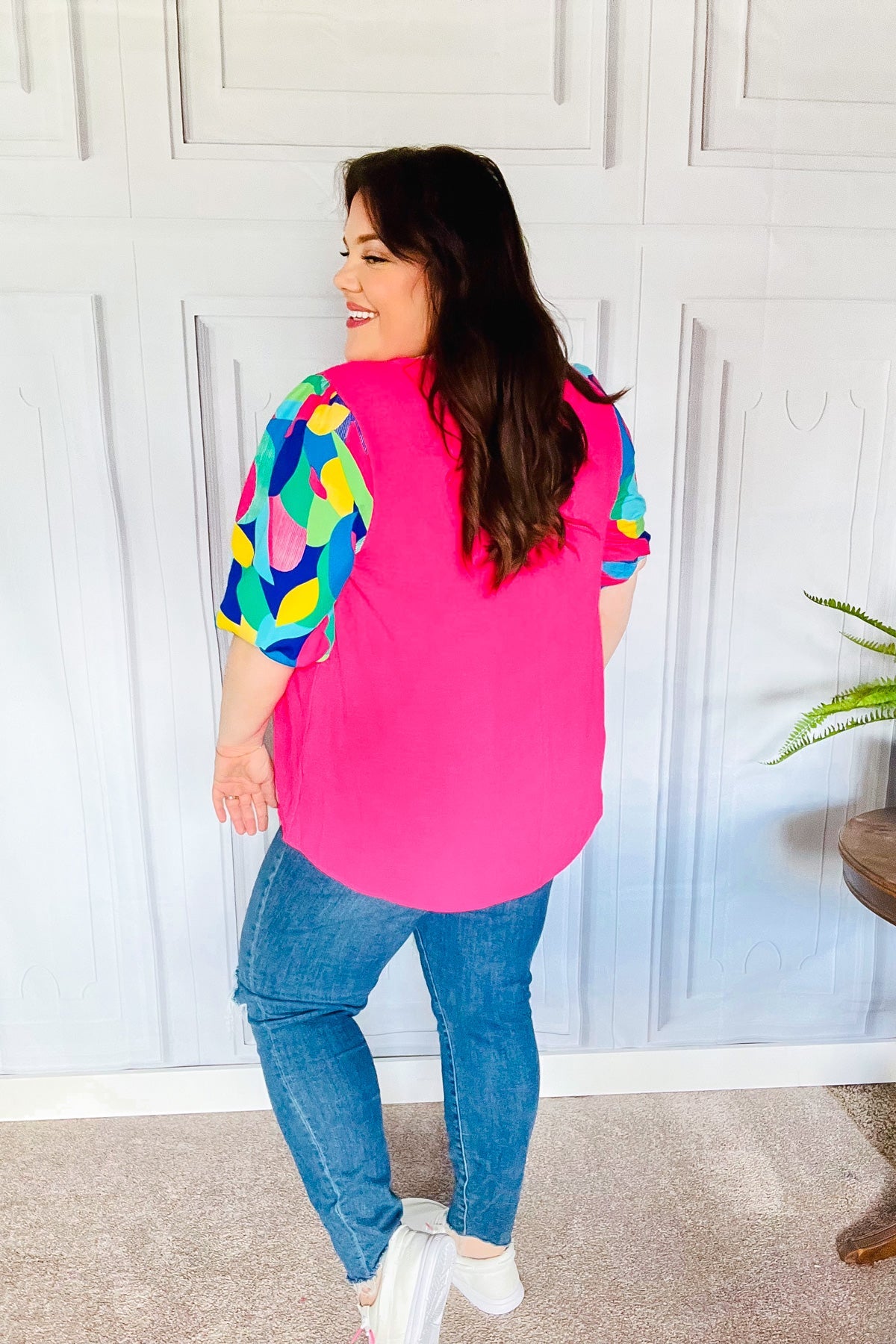 Haptics Tell Your Story Fuchsia Geo Print Puff Sleeve V Neck Top 07-01-25 Summer Sale