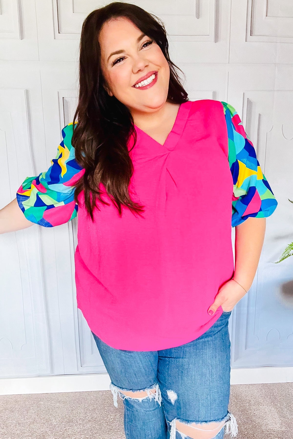 Haptics Tell Your Story Fuchsia Geo Print Puff Sleeve V Neck Top 07-01-25 Summer Sale