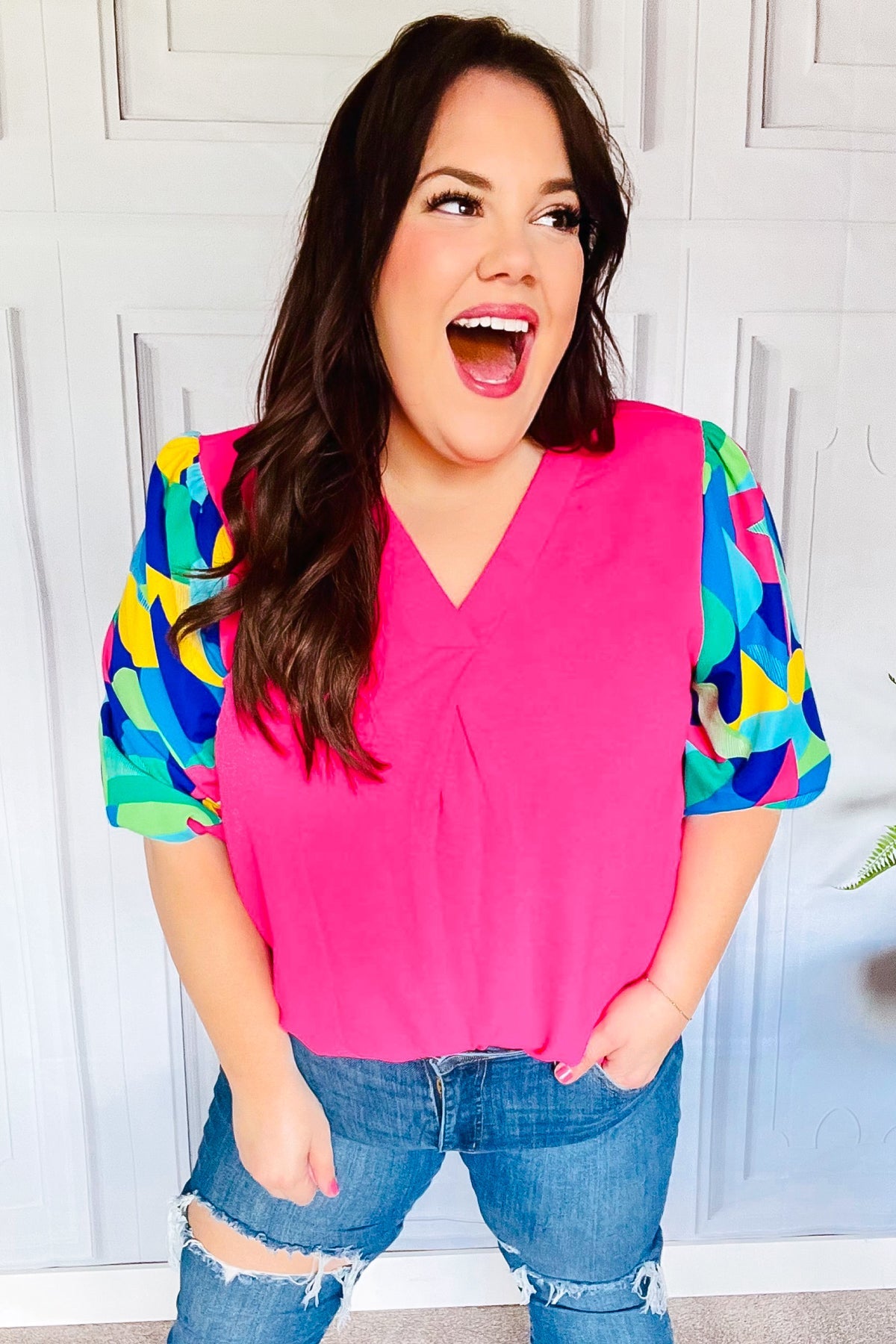 Haptics Tell Your Story Fuchsia Geo Print Puff Sleeve V Neck Top 07-01-25 Summer Sale