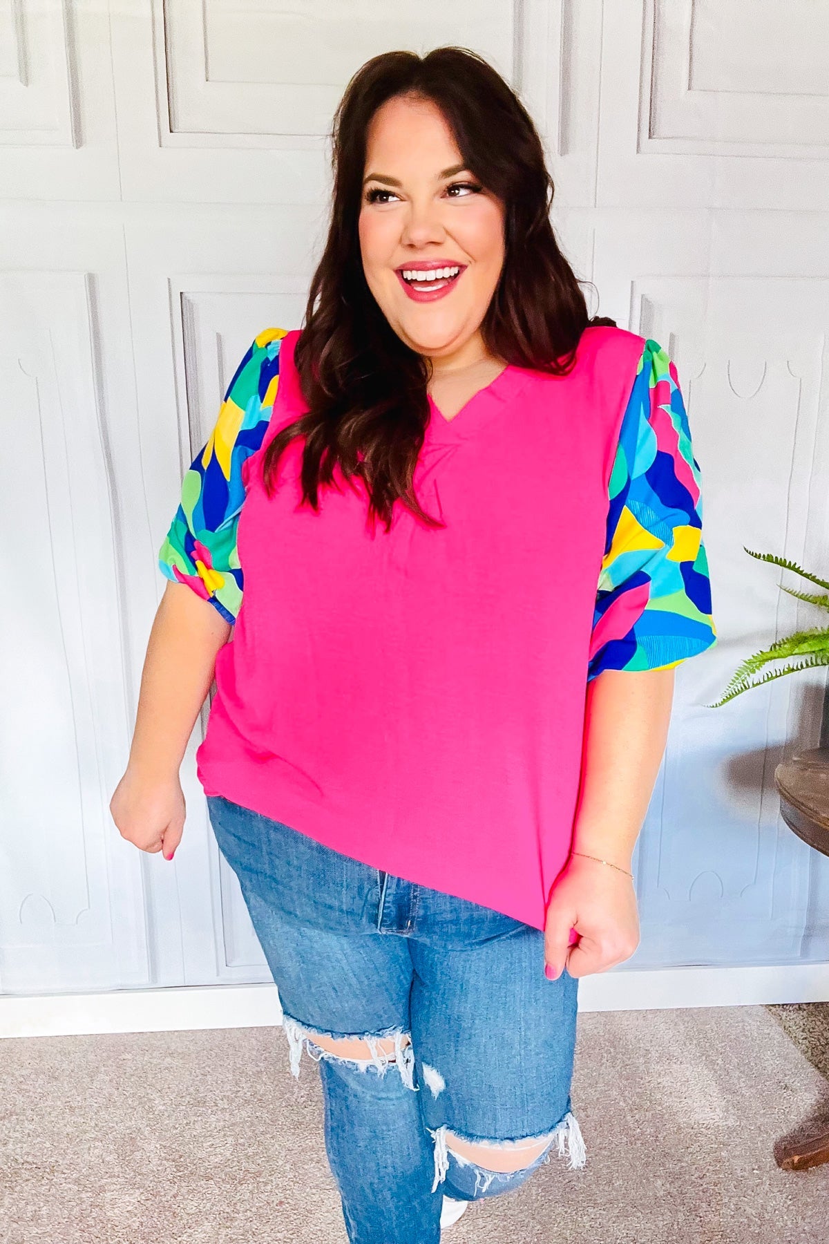 Haptics Tell Your Story Fuchsia Geo Print Puff Sleeve V Neck Top 07-01-25 Summer Sale
